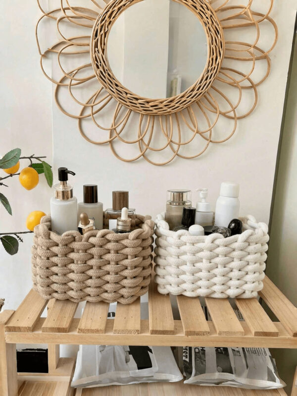 1 pièce Boîte de rangement cosmétique tissée à la main pour brosses, produits de soins de la peau et de maquillage, rouges à lèvres, ombres à paupières, organiseur de bureau, vitrine et organisateur de coiffeuse – Image 3