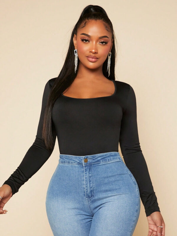 SHEIN SXY Body Slim Fit Col Carré Avec Manches Noir – Image 8