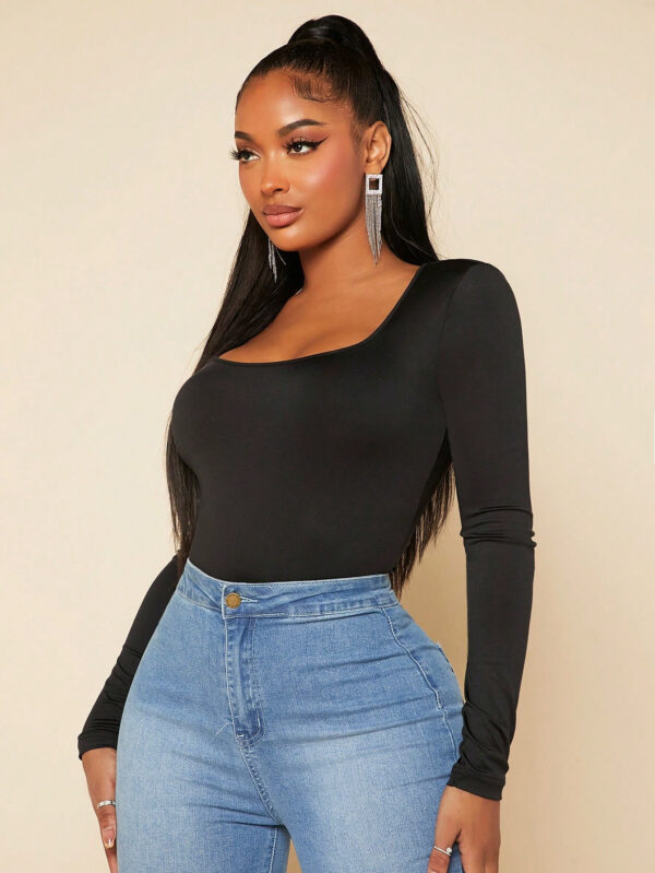 SHEIN SXY Body Slim Fit Col Carré Avec Manches Noir – Image 11