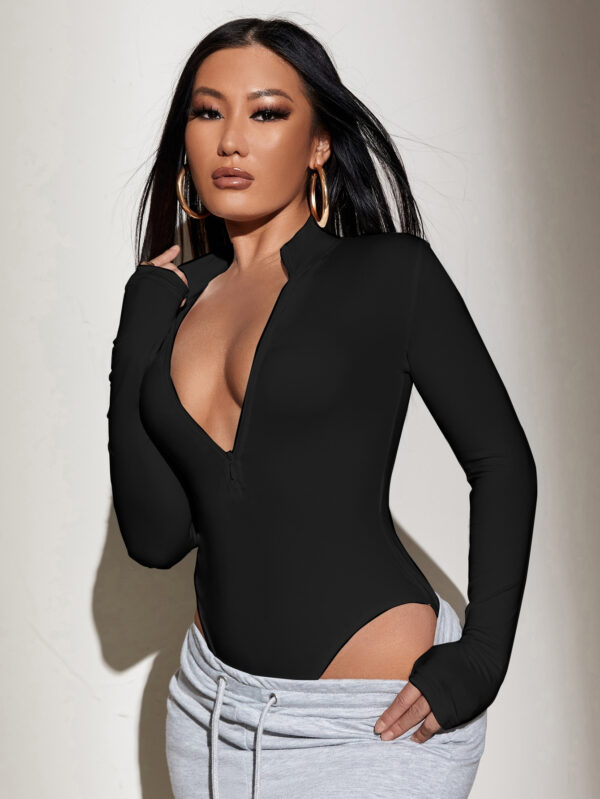 SHEIN SXY Body Noir À Manches Longues Moulant, Sexy Et Coquet À Col En V Profond Zippé Haut Taillé Pour Le Printemps Et L'été – Image 5