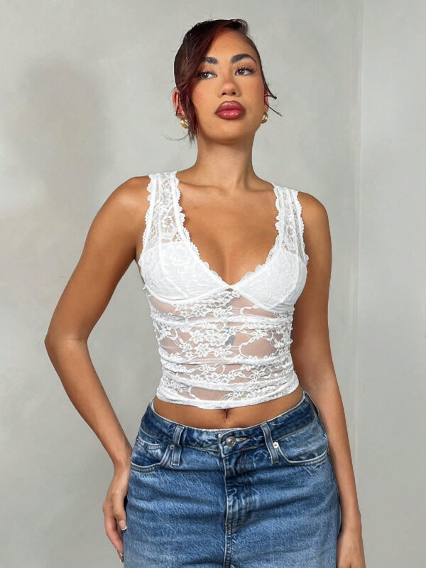 SHEIN BAE Top de réservoir court à volants serrés et sexy, avec empiècements en dentelle – Image 2
