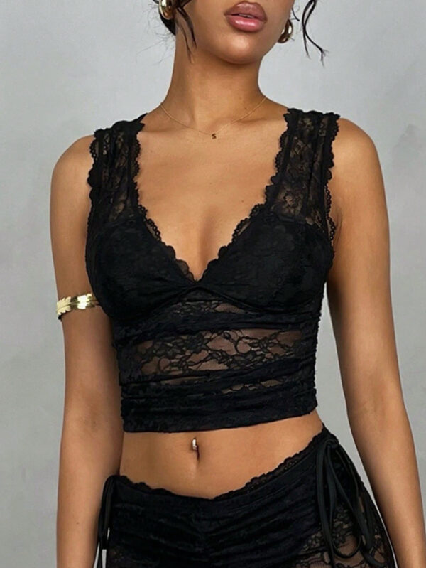 SHEIN BAE Top de réservoir court à volants serrés et sexy, avec empiècements en dentelle – Image 4