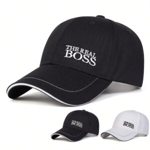 1 pièce Casquette de baseball brodée "THE REAL BOSS" pour hommes, chapeau de sport extérieur, réglable, protection solaire, casual, convient pour le printemps, l'automne, les voyages, la plage, les fêtes