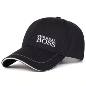 1 pièce Casquette de baseball brodée "THE REAL BOSS" pour hommes, chapeau de sport extérieur, réglable, protection solaire, casual, convient pour le printemps, l'automne, les voyages, la plage, les fêtes