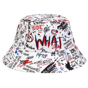 1 pièce Chapeaux de Seau Graffiti 'WHAT' pour Hommes, Chapeau de Seau à la Mode pour Port Occasionnel, Printemps / Automne, Plage et Fête