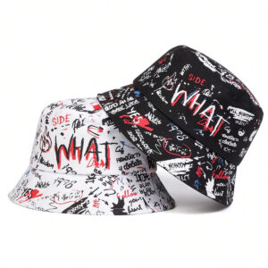 1 pièce Chapeaux de Seau Graffiti 'WHAT' pour Hommes, Chapeau de Seau à la Mode pour Port Occasionnel, Printemps / Automne, Plage et Fête