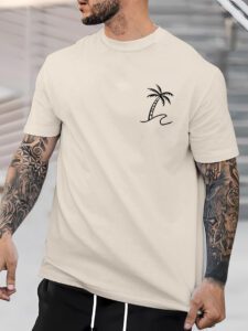 Manfinity RSRT T-shirts pour hommes, col rond ajusté, manches courtes, tee-shirt graphique palmier décontracté et simple en polyester d'été