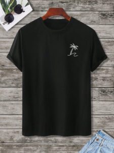 Manfinity RSRT T-shirts pour hommes, col rond ajusté, manches courtes, tee-shirt graphique palmier décontracté et simple en polyester d'été – Image 2