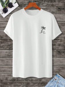 Manfinity RSRT T-shirts pour hommes, col rond ajusté, manches courtes, tee-shirt graphique palmier décontracté et simple en polyester d'été – Image 3