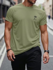 Manfinity RSRT T-shirts pour hommes, col rond ajusté, manches courtes, tee-shirt graphique palmier décontracté et simple en polyester d'été – Image 5