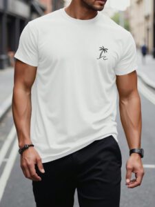 Manfinity RSRT T-shirts pour hommes, col rond ajusté, manches courtes, tee-shirt graphique palmier décontracté et simple en polyester d'été – Image 6