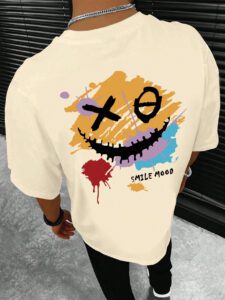 Manfinity Hypemode T-shirt d'été décontracté pour hommes à manches courtes et col rond avec impression de lettre et de visage souriant