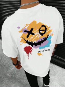 Manfinity Hypemode T-shirt d'été décontracté pour hommes à manches courtes et col rond avec impression de lettre et de visage souriant – Image 2
