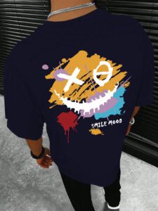 Manfinity Hypemode T-shirt d'été décontracté pour hommes à manches courtes et col rond avec impression de lettre et de visage souriant – Image 3