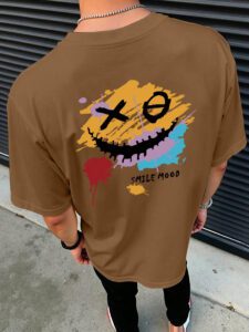 Manfinity Hypemode T-shirt d'été décontracté pour hommes à manches courtes et col rond avec impression de lettre et de visage souriant – Image 5