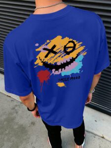 Manfinity Hypemode T-shirt d'été décontracté pour hommes à manches courtes et col rond avec impression de lettre et de visage souriant – Image 7