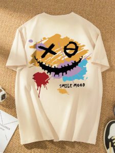 Manfinity Hypemode T-shirt d'été décontracté pour hommes à manches courtes et col rond avec impression de lettre et de visage souriant – Image 12