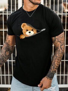 Manfinity UrbanChill T-shirt en coton pour hommes avec imprimé ours graphique, style urbain, manches courtes, décontracté, cadeau pour le petit ami – Image 4
