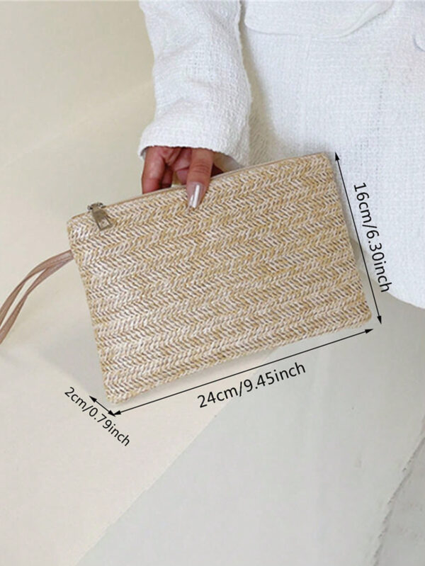 1 pièce Sac tissé porté à la main de style vacances pour femme, sac tressé en paille, sac portable polyvalent, petit sac plat frais de loisirs de vacances, sac pratique, pour les voyages d'affaires – Image 4