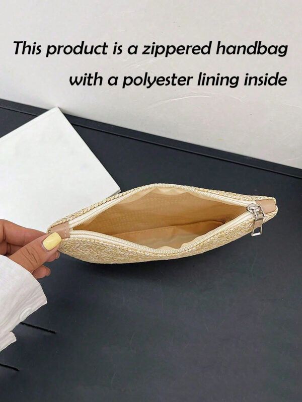 1 pièce Sac tissé porté à la main de style vacances pour femme, sac tressé en paille, sac portable polyvalent, petit sac plat frais de loisirs de vacances, sac pratique, pour les voyages d'affaires – Image 5