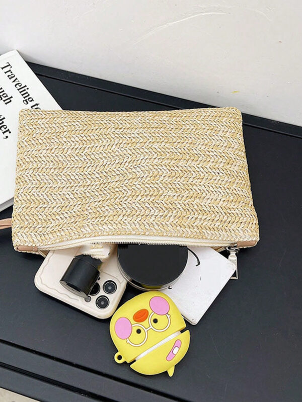 1 pièce Sac tissé porté à la main de style vacances pour femme, sac tressé en paille, sac portable polyvalent, petit sac plat frais de loisirs de vacances, sac pratique, pour les voyages d'affaires – Image 8