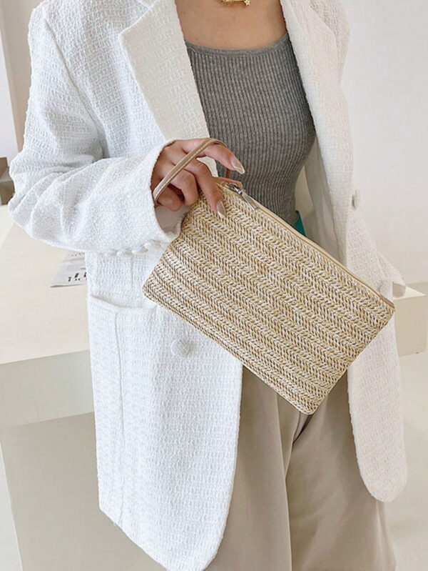 1 pièce Sac tissé porté à la main de style vacances pour femme, sac tressé en paille, sac portable polyvalent, petit sac plat frais de loisirs de vacances, sac pratique, pour les voyages d'affaires – Image 9