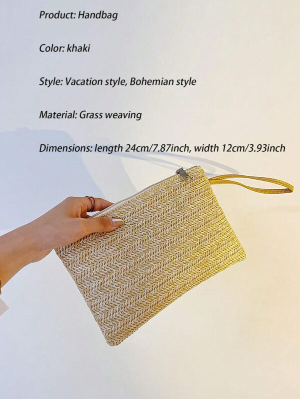1 pièce Sac tissé porté à la main de style vacances pour femme, sac tressé en paille, sac portable polyvalent, petit sac plat frais de loisirs de vacances, sac pratique, pour les voyages d'affaires – Image 11