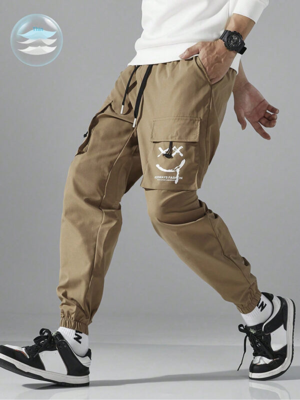 Yemwry Pantalon cargo décontracté pour homme à taille resserrée par cordon de serrage avec imprimé lettres – Image 2
