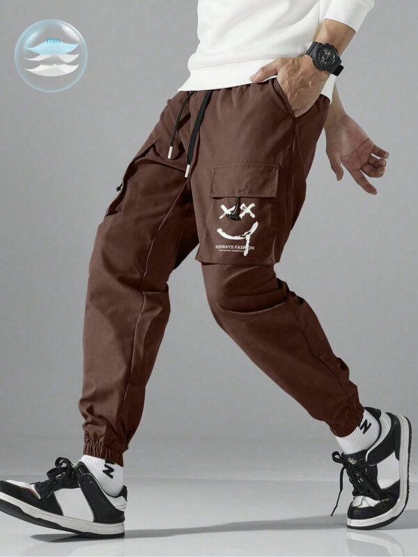 Yemwry Pantalon cargo décontracté pour homme à taille resserrée par cordon de serrage avec imprimé lettres – Image 4