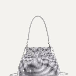 Sac seau décoré de rhinestones, léger et décontracté chic. Design à cordon coulissant, sac transparent avec perles, sac de soirée glamour, élégant et raffiné. Luxe discret avec rhinestones pour femme, future mariée, parfait pour fête, dîner, réveillon de Noël.