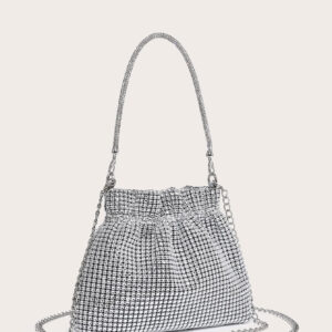 Sac seau décoré de rhinestones, léger et décontracté chic. Design à cordon coulissant, sac transparent avec perles, sac de soirée glamour, élégant et raffiné. Luxe discret avec rhinestones pour femme, future mariée, parfait pour fête, dîner, réveillon de Noël.