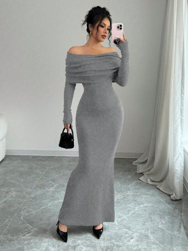 Elenzga Robe pull longue moulante style sirène avec épaules dénudées pour la Saint-Valentin – Image 2