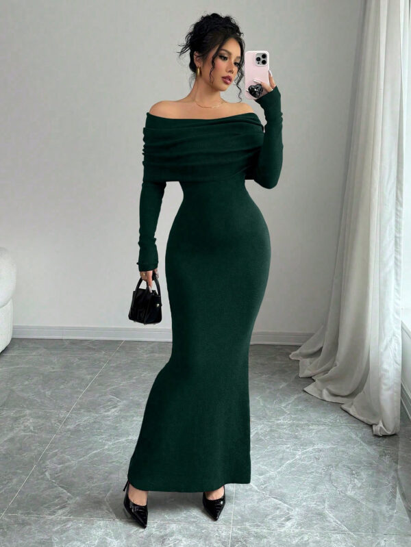 Elenzga Robe pull longue moulante style sirène avec épaules dénudées pour la Saint-Valentin – Image 5