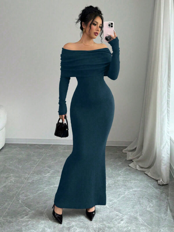 Elenzga Robe pull longue moulante style sirène avec épaules dénudées pour la Saint-Valentin – Image 7