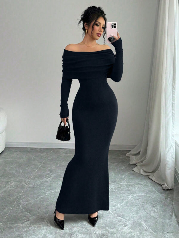 Elenzga Robe pull longue moulante style sirène avec épaules dénudées pour la Saint-Valentin – Image 10