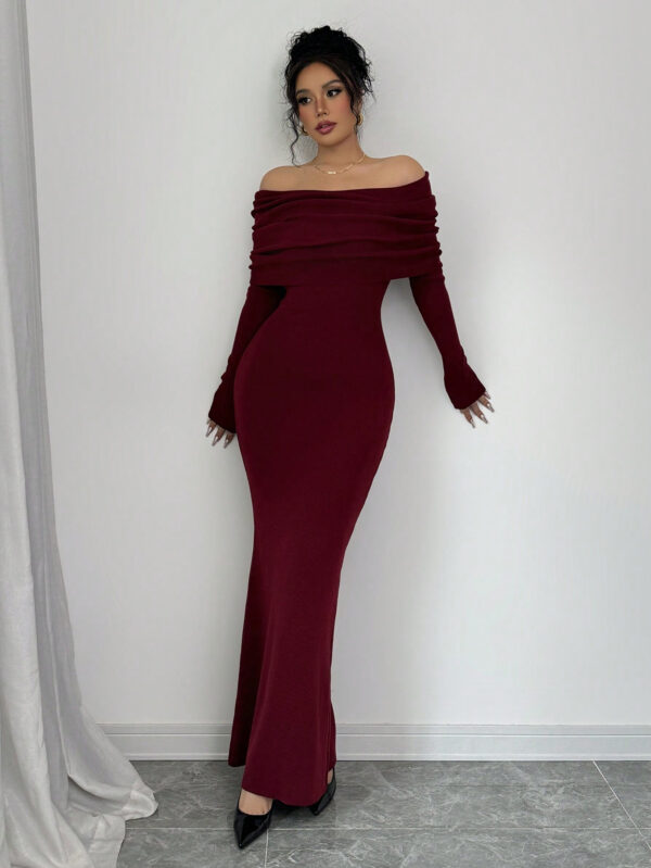 Elenzga Robe pull longue moulante style sirène avec épaules dénudées pour la Saint-Valentin – Image 13