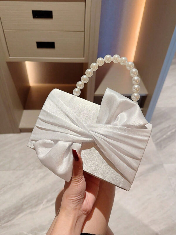 Sac de soirée élégant et délicat décoré avec un nœud et de fausses perles, à tenir en main, convenant pour les robes de soirée. Sac de mariée tendance, parfait pour les fêtes, les mariages, les bals de promo, les dîners/banquets, assortissant avec les robes de mariée, les robes de soirée, la robe de bal de promo, la robe d'anniversaire, la robe de fête. Cadeau parfait pour la Saint-Valentin. – Image 5