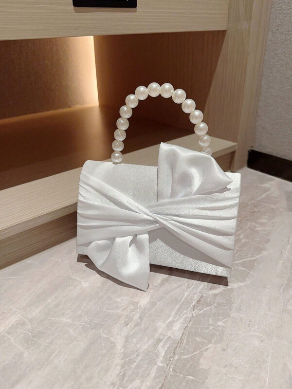 Sac de soirée élégant et délicat décoré avec un nœud et de fausses perles, à tenir en main, convenant pour les robes de soirée. Sac de mariée tendance, parfait pour les fêtes, les mariages, les bals de promo, les dîners/banquets, assortissant avec les robes de mariée, les robes de soirée, la robe de bal de promo, la robe d'anniversaire, la robe de fête. Cadeau parfait pour la Saint-Valentin. – Image 6