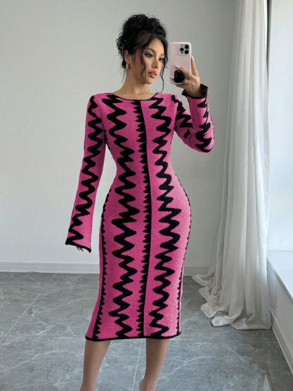 Elenzga Robe moulante en jacquard tricotée élégante pour femmes – Image 6