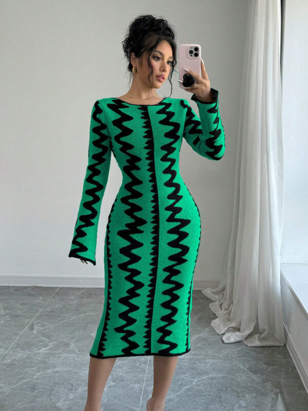 Elenzga Robe moulante en jacquard tricotée élégante pour femmes – Image 10