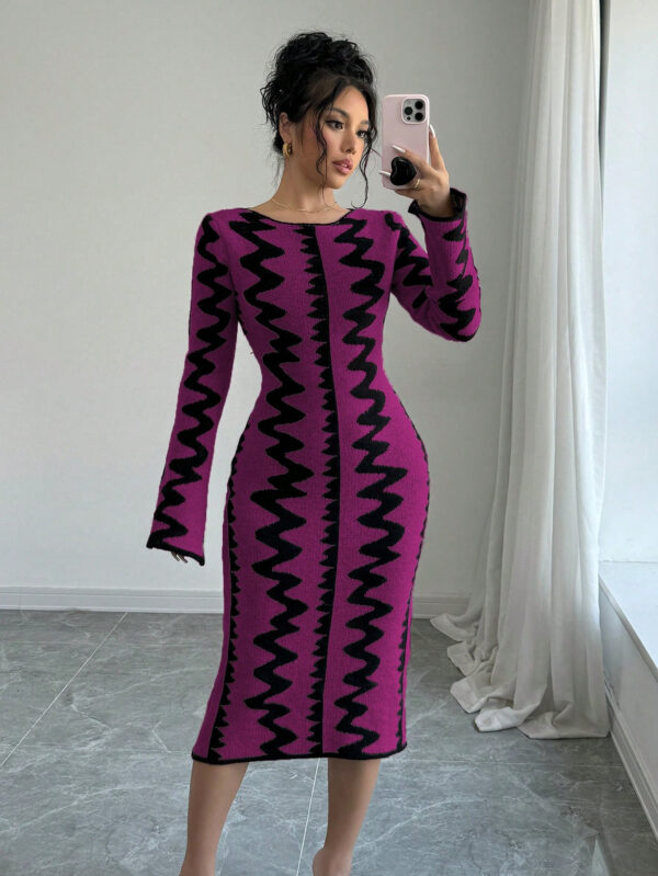 Elenzga Robe moulante en jacquard tricotée élégante pour femmes – Image 11