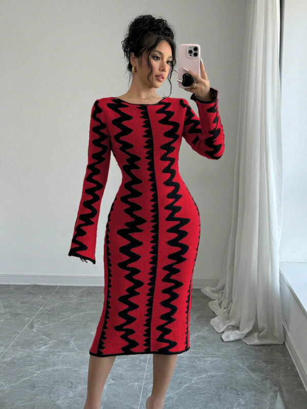 Elenzga Robe moulante en jacquard tricotée élégante pour femmes – Image 14