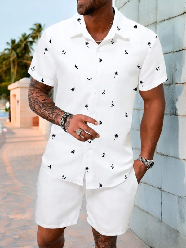 Manfinity RSRT Chemise à manches courtes à boutons avec imprimé tropical Manfinity RSRT pour hommes, style ajusté pour les vacances en été