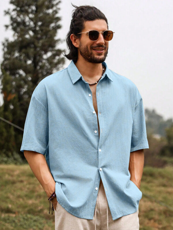 Manfinity Nomadique Chemise d'été en coton pour hommes à manches courtes unie et ample avec col rabattu et épaules tombantes – Image 5