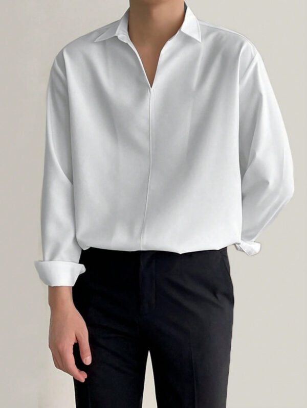Manfinity Homme Chemise pour hommes de couleur unie coupe ample, chemise blanche longue à manches slim et unies, cadeau pour petite amie inspiré par l'art disco – Image 3