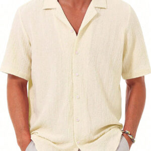 Chemise de vacances à col cubain boutonnée à manches courtes décontractée pour hommes, chemise de plage d'été avec texture