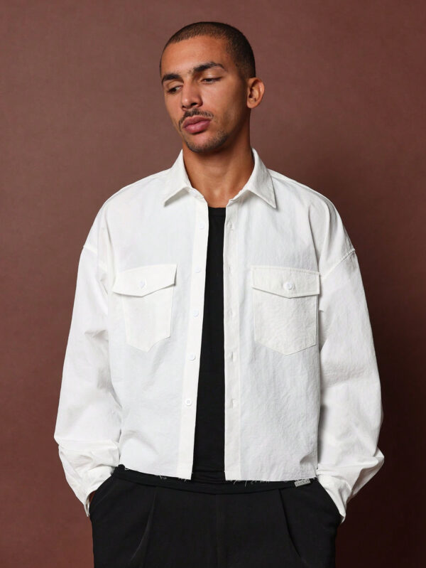SUMWON Chemise utilitaire à manches longues et ourlet brut court – Image 2