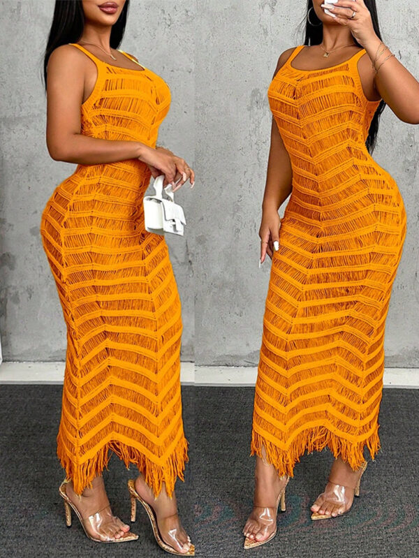 SHEIN VaVaLuxe Nouvelle robe longue en tricot ajustée, décolleté en V, sans manches, avec découpes et franges à l'ourlet, style décontracté, sexy, élégante – Image 2