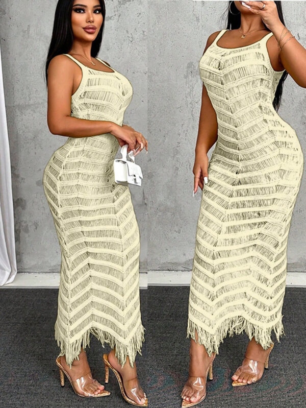 SHEIN VaVaLuxe Nouvelle robe longue en tricot ajustée, décolleté en V, sans manches, avec découpes et franges à l'ourlet, style décontracté, sexy, élégante – Image 9