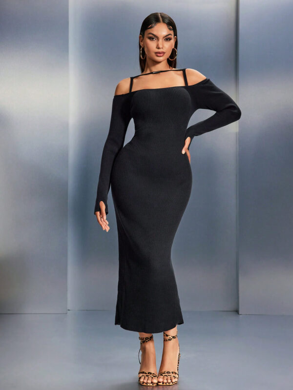 SHEIN SXY Robe pull longue en tricot élégante à manches longues et épaules dénudées, à nouer devant, de couleur unie pour femme – Image 2